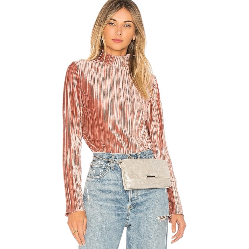 J.O.A. Los Angeles Revolve Pleated Mock Neck Velvet Top Baby Pink Size Small JOA